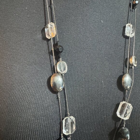 Long Black & Clear Beaded Multi Strand Necklace With Adjustable Chain - Picture 3 of 4